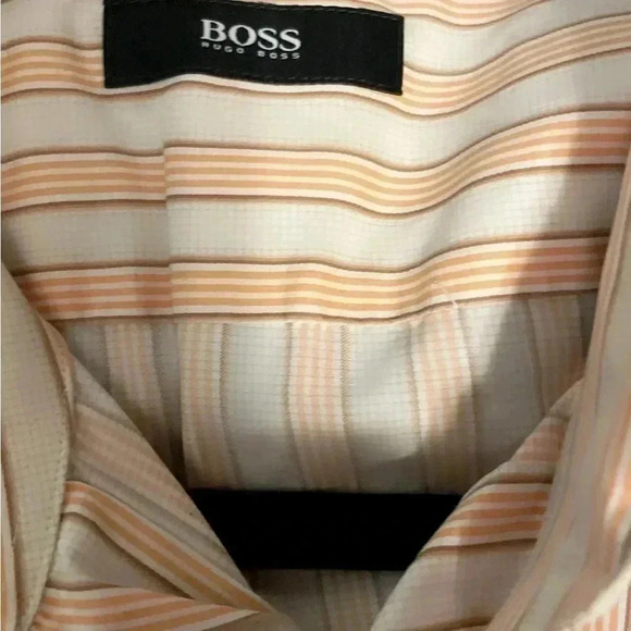 Hugo Boss work casual yellow black  striped long sleeve cuff dress shirt 16 - Picture 3 of 4